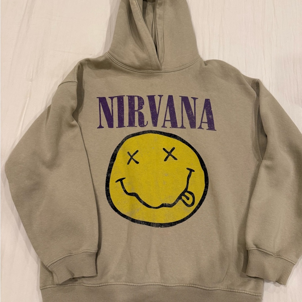 Zara Smiley Face Graphic Hoodie - Tan with Purple Text